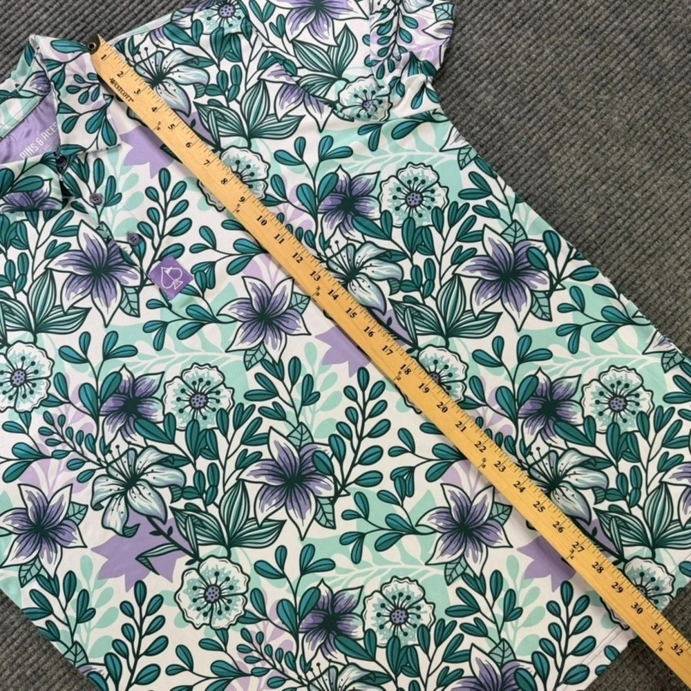 Pins & Aces Golf Polo Shirt Mens XXL Floral Purple Teal Performance Short Sleeve
